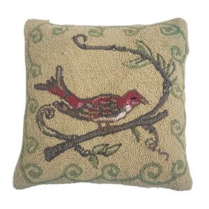 Vintage Crewel Primitive Wool Bird Cardinal Pillow W/Removable Cover 16" Square